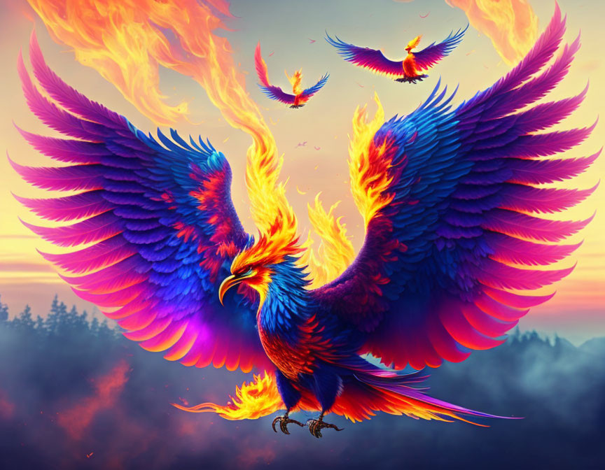 Majestic phoenix digital art with fiery blue and orange wings