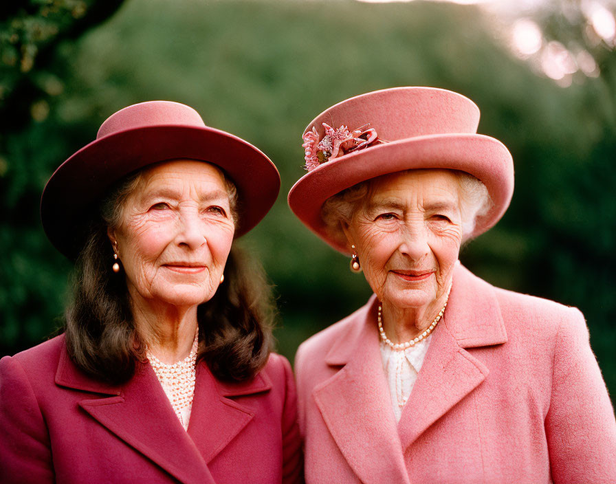 Elderly Women in Burgundy Hats and Pink Coats Smiling