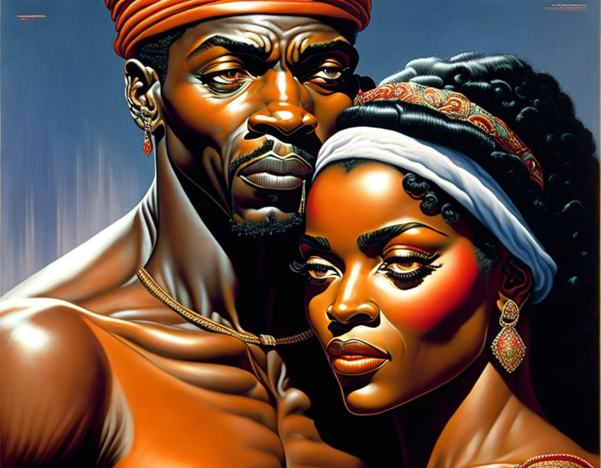 Portrait of man and woman in traditional African attire and jewelry showcasing elegance and strength.