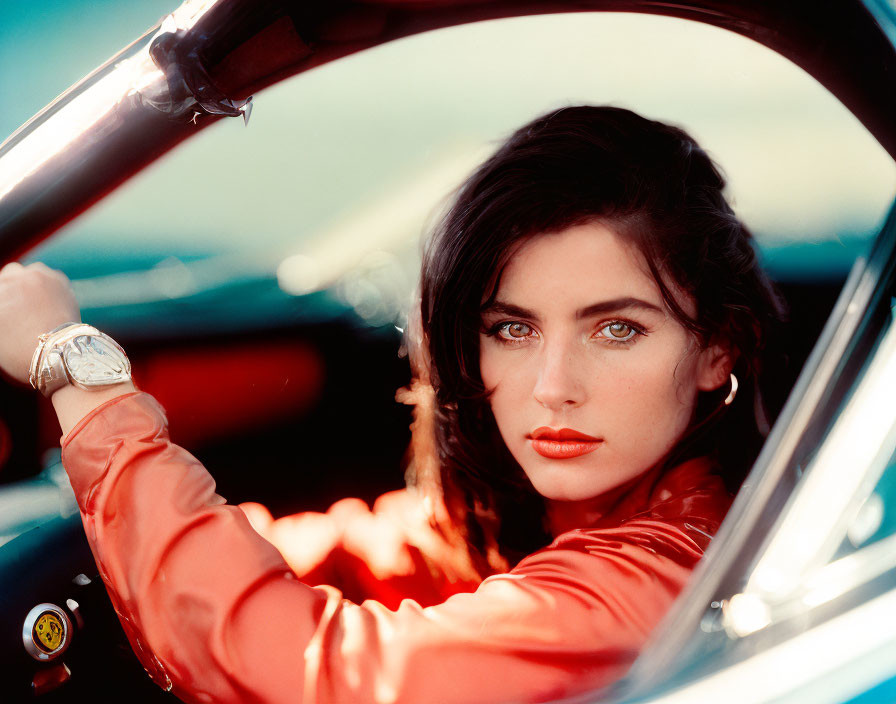 Blue-eyed woman in red jacket with watch sitting in car with Ferrari logo steering wheel, facing camera