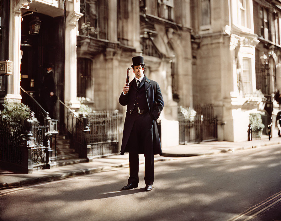 Traditional Attire Doorman with Walkie-Talkie on Sunny City Street