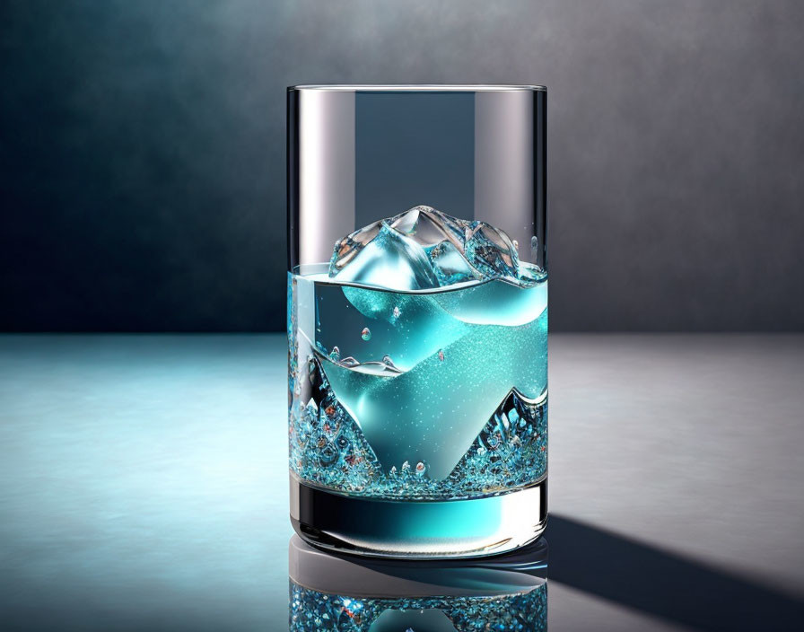 Transparent glass with water and ice cubes on reflective dark surface