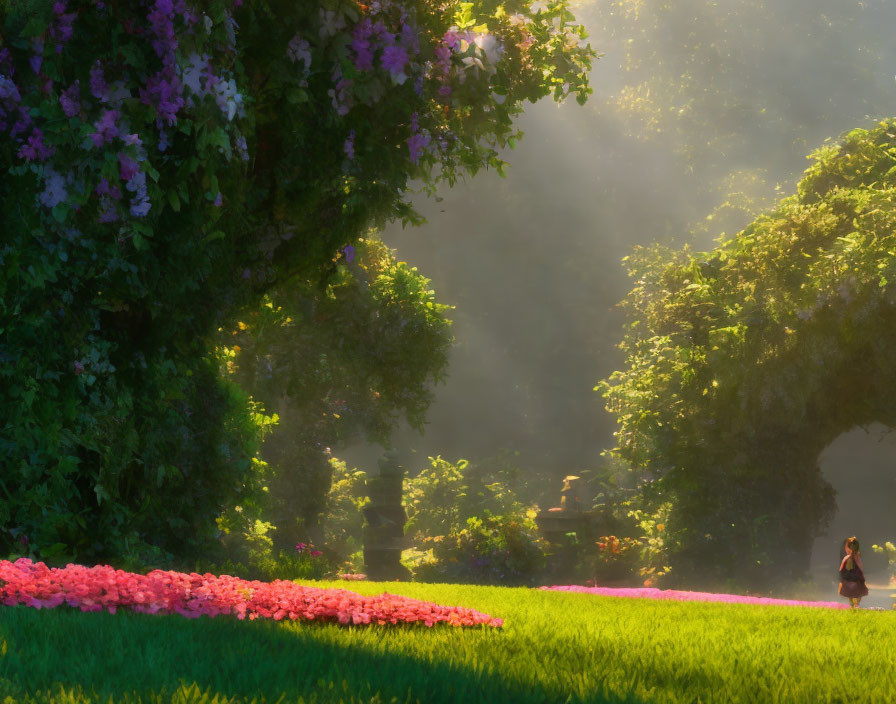 Lush park with blooming flowers and misty atmosphere