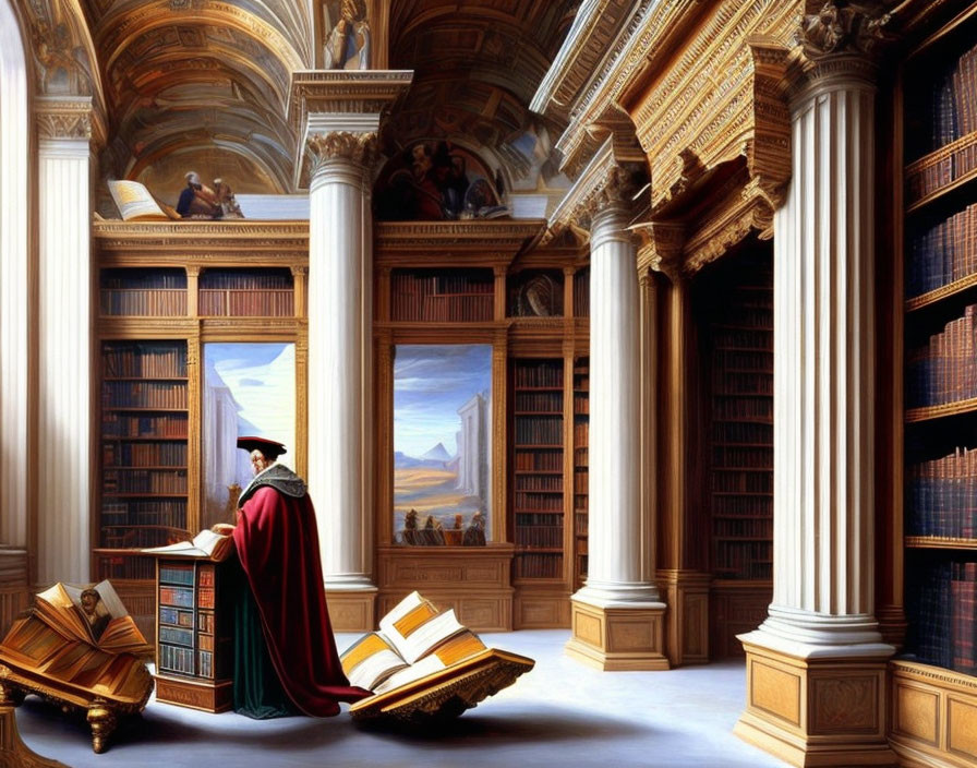 Person in red and black robe reading at wooden lectern in grand classical library