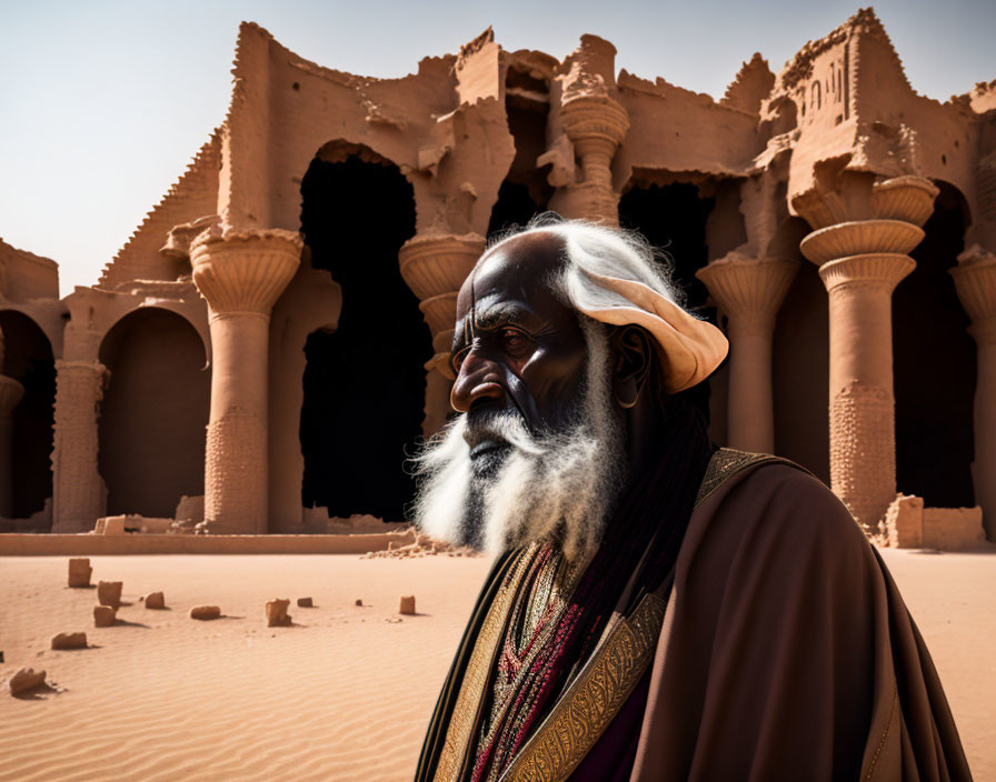 Elderly man in traditional robes at ancient ruined temple