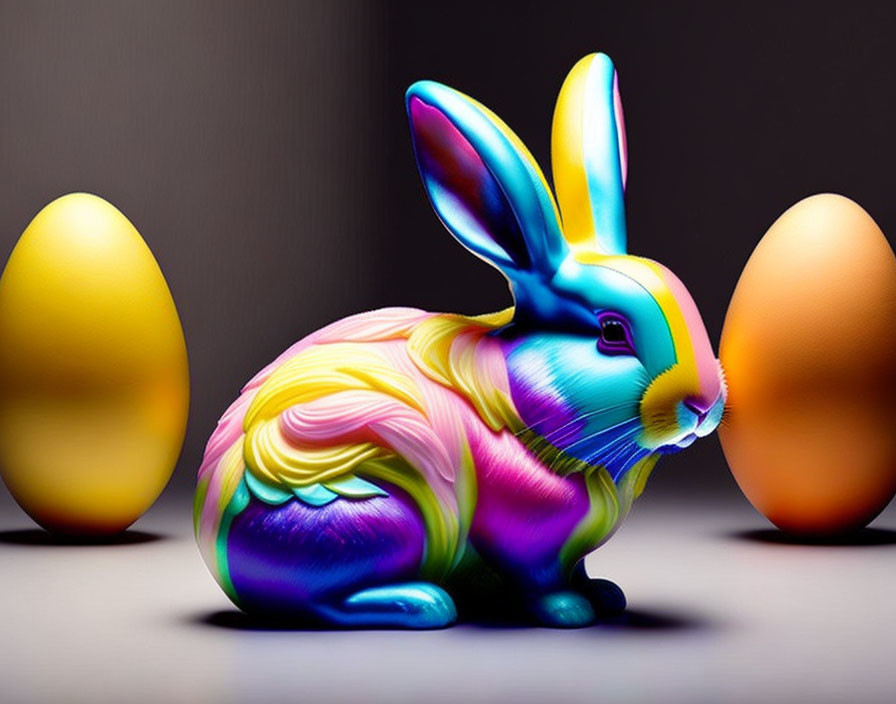 Colorful Porcelain Rabbit with Eggs on Grey Background