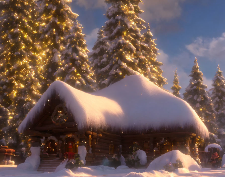 Winter Twilight Scene: Snow-covered Cabin and Illuminated Trees