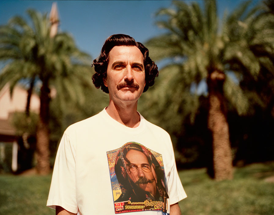 Man with Mustache in Graphic Print White T-Shirt Outdoors