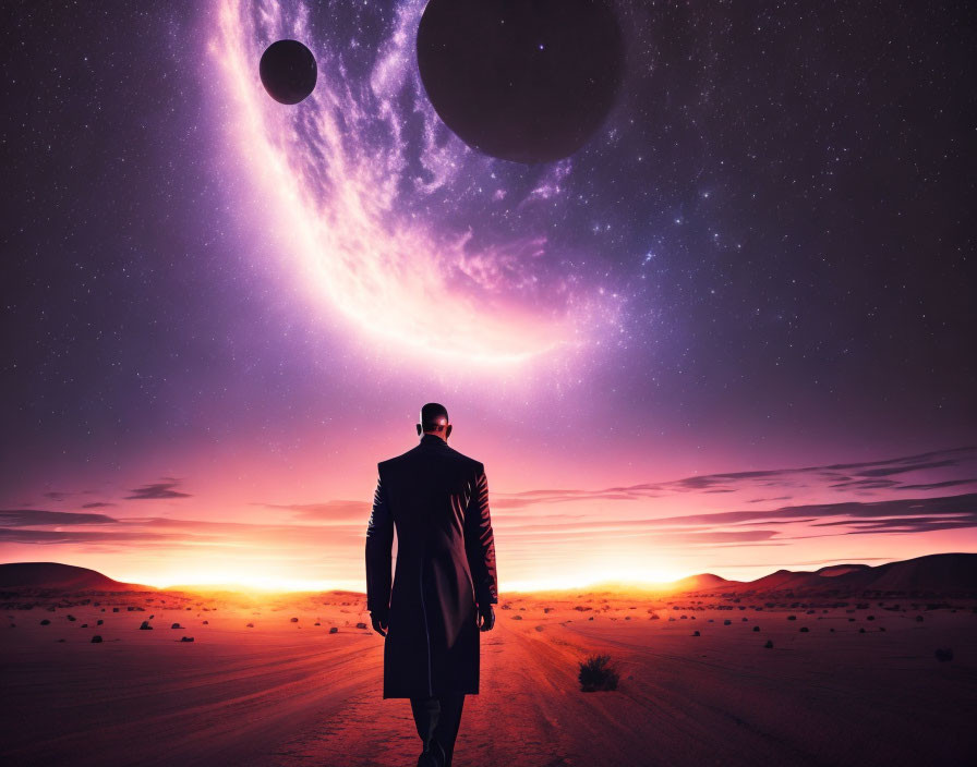 Man in Suit Contemplates Cosmic Landscape at Twilight