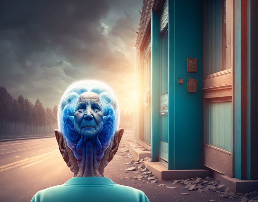 Surreal human figure with monkey head in blue aura on street at sunrise or sunset