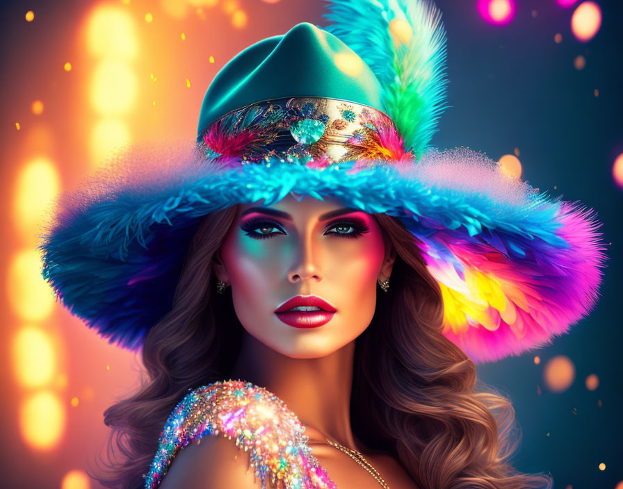 Glamorous woman in vibrant feathered hat under sparkling lights