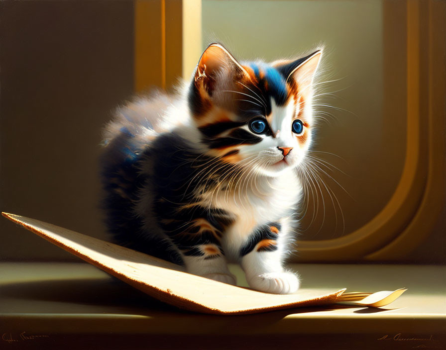 Tricolor kitten with blue eyes by sunlit window