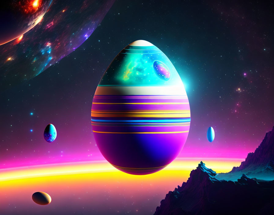 Colorful cosmic scene with egg-shaped planet and nebula backdrop