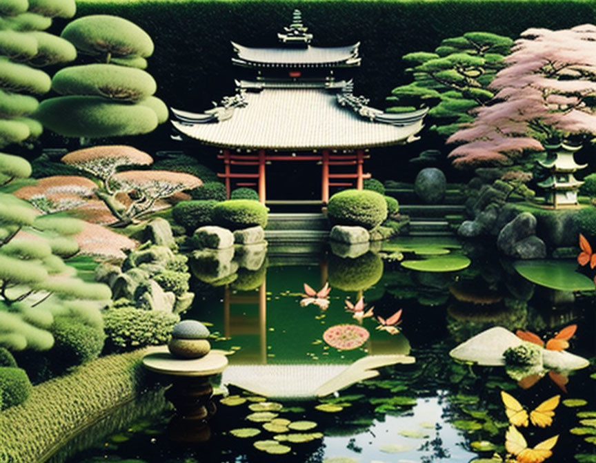 Tranquil Japanese garden with temple, pond, trees, and butterflies