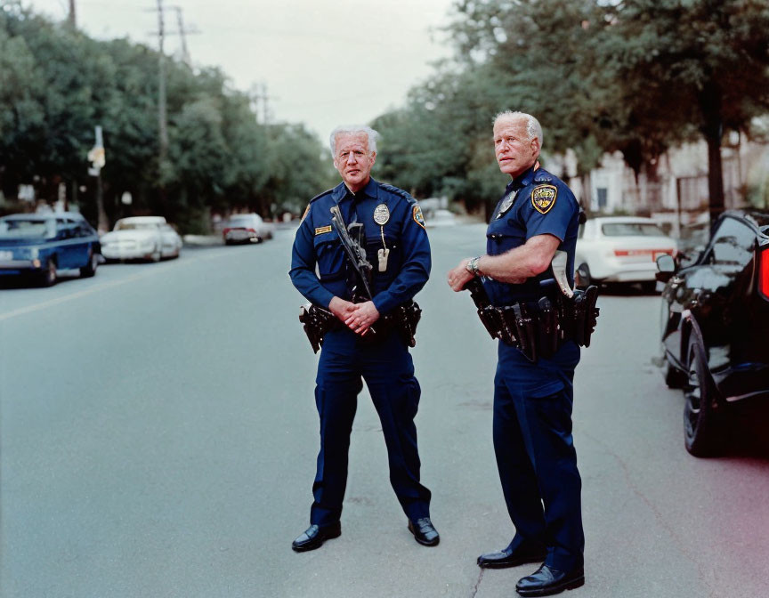 Two police officers standing on street with patrol cars and trees in background