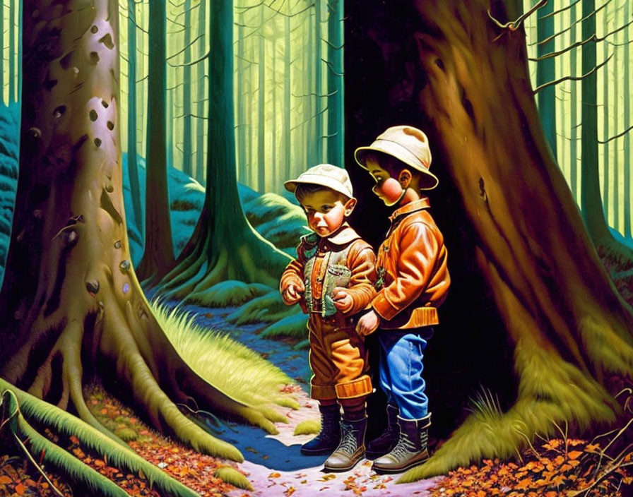 Children in vibrant forest with tall trees and orange leaves.