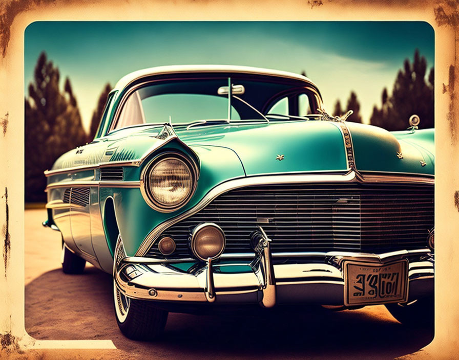 Classic teal car with chrome details and white wall tires in nostalgic filter