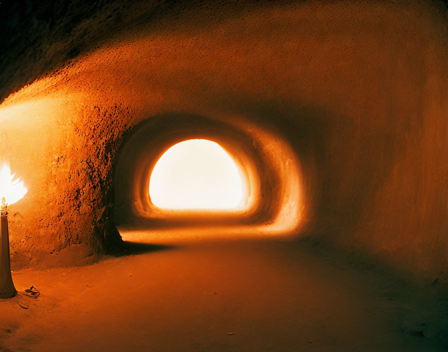 Sandy terrain tunnel with warm glow and flame source