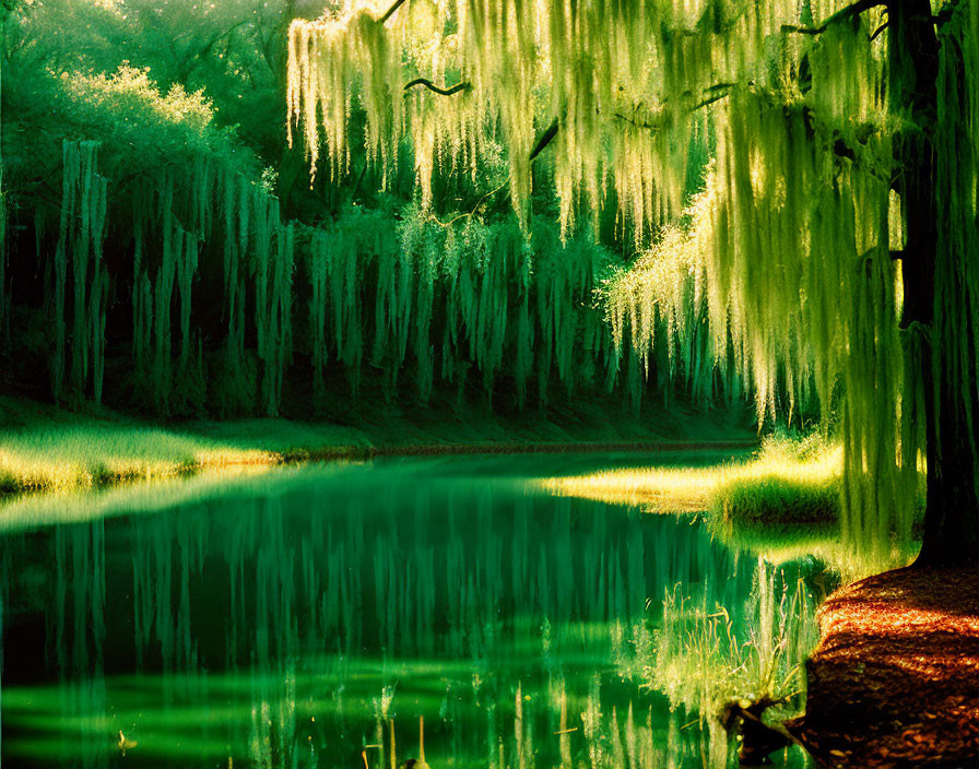 Tranquil pond in moss-draped forest with warm sunlight