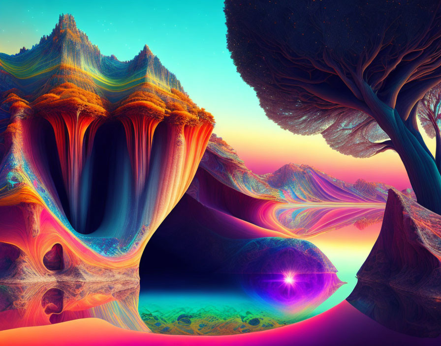 Colorful Psychedelic Landscape with Alien Trees and Radiant Orb