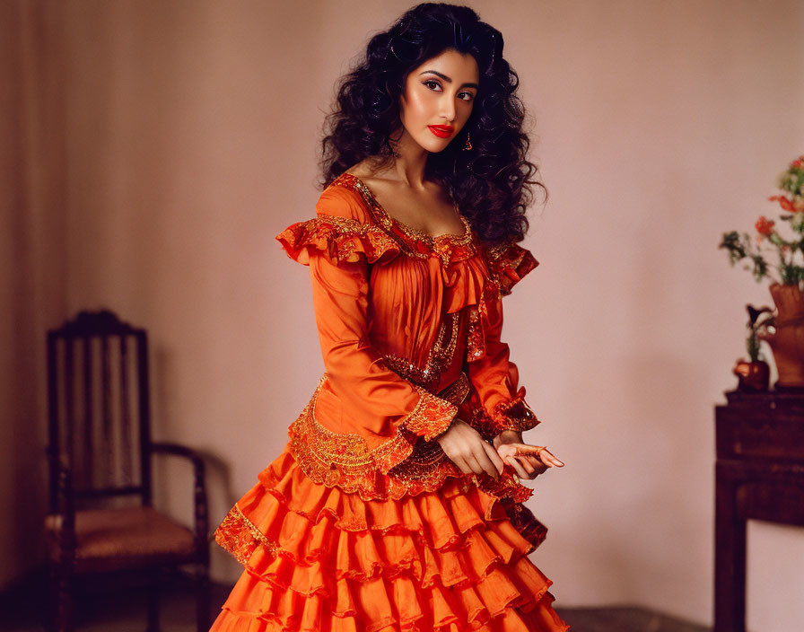 Woman in Orange Ruffled Dress in Vintage Room