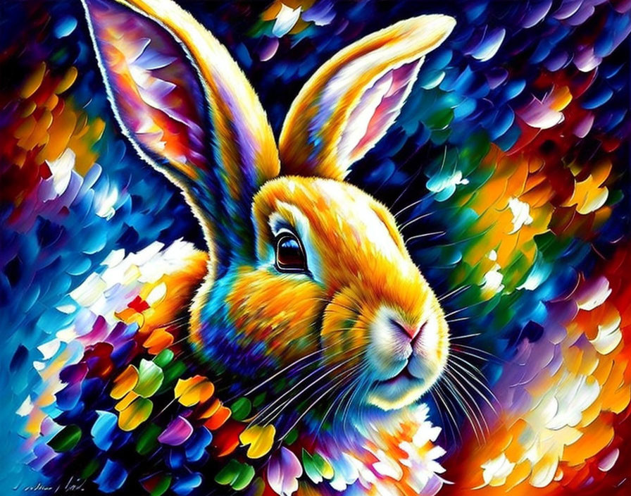 Colorful Rabbit Painting Surrounded by Multicolored Flowers