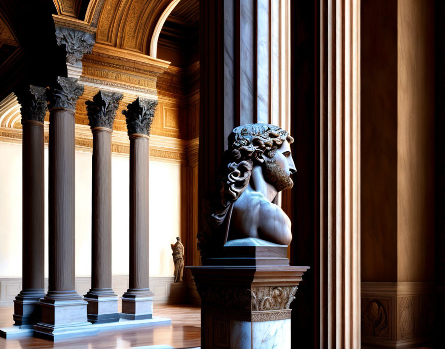 Classical bust in elegant hall with Corinthian columns and sunlight shadows