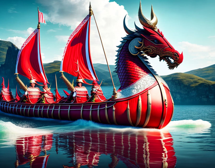 Red Viking longship with dragon head prow and shield-bearing warriors sailing on water against mountainous backdrop.