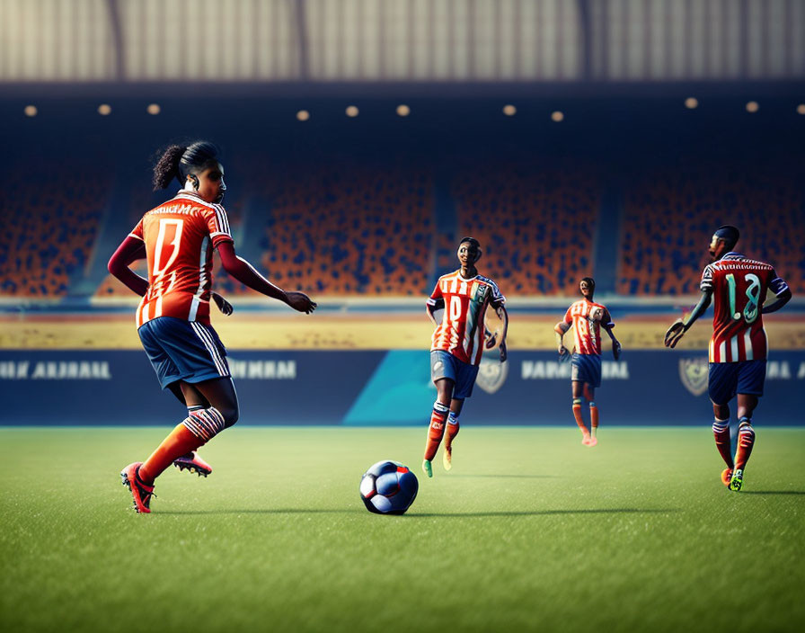 Three soccer players in striped uniforms on pitch with opponents nearby in sunlit stadium