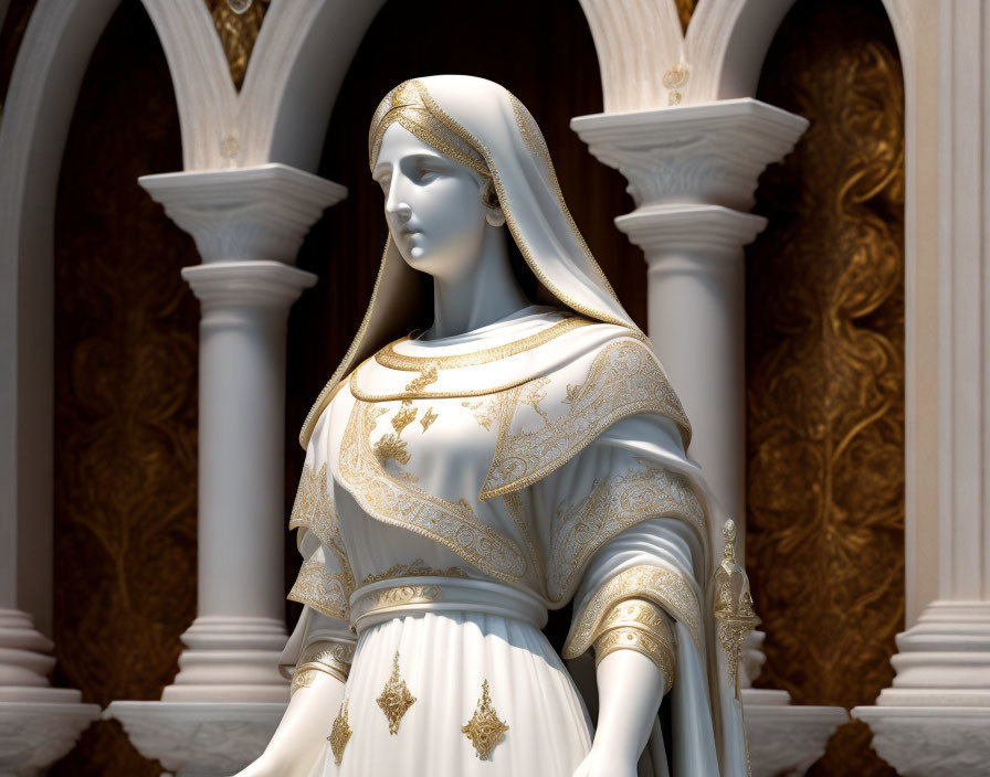 3D-rendered image of elegant woman in white and gold gown with headdress amid ornate arch