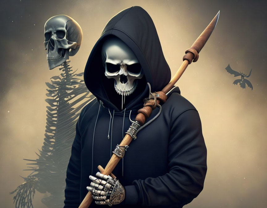 Hooded figure with skull face holding spear in eerie scene.