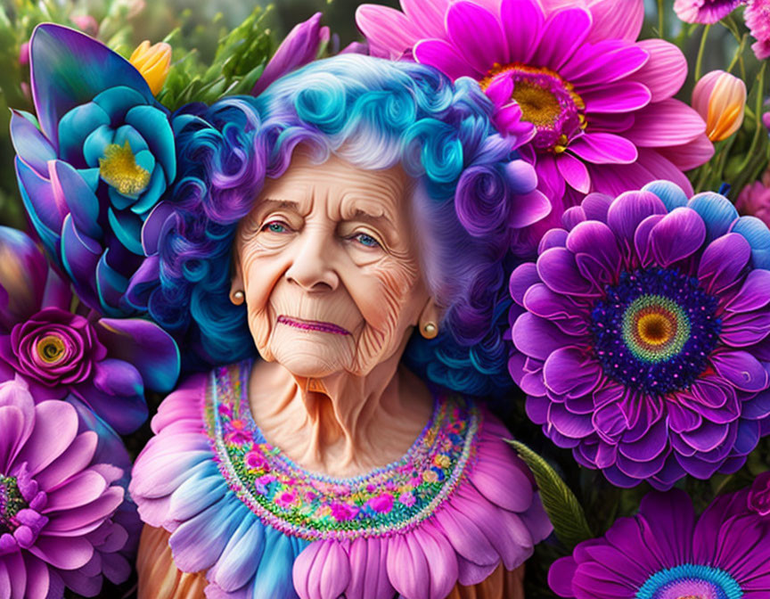 Colorful whimsical hair elderly woman in vibrant floral setting