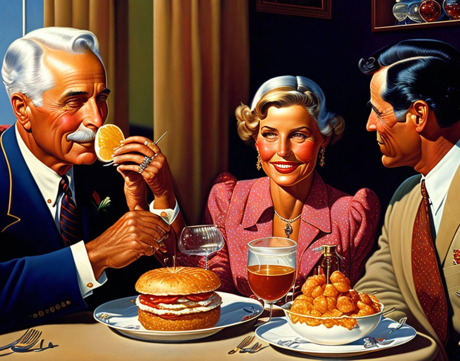 Vintage Fashion Trio Enjoying Fast Food at Well-Set Table