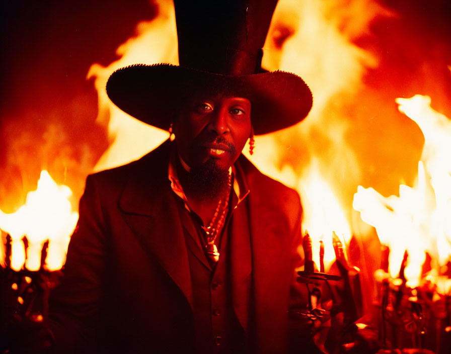 Man in top hat and coat by blazing fire and candles with intense gaze