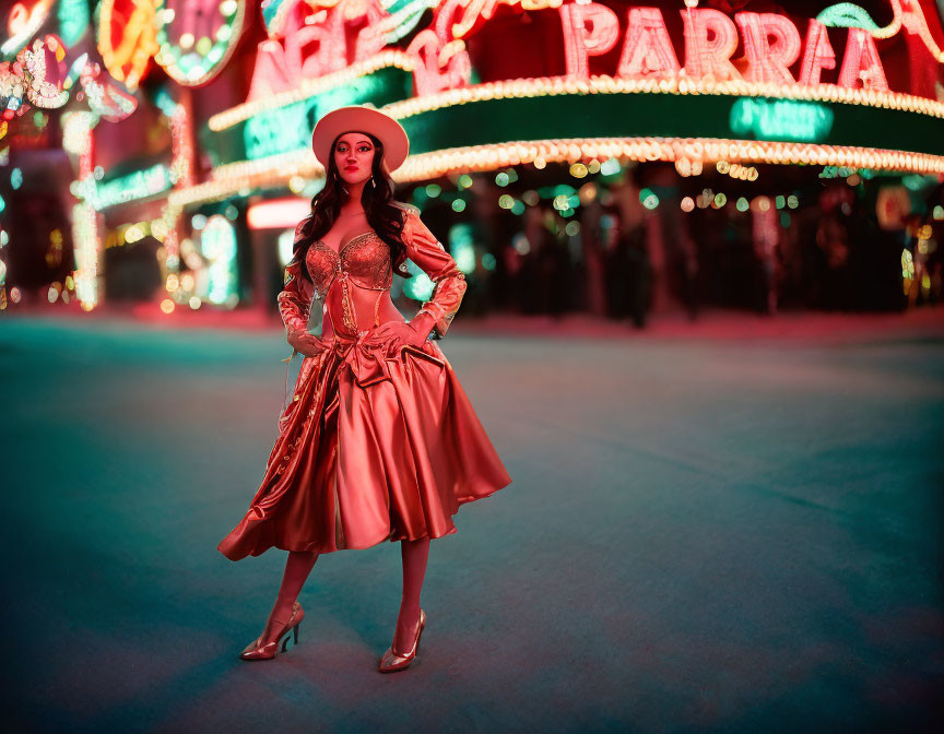 Woman in Copper Dress Stands on Neon-Lit Street at Night