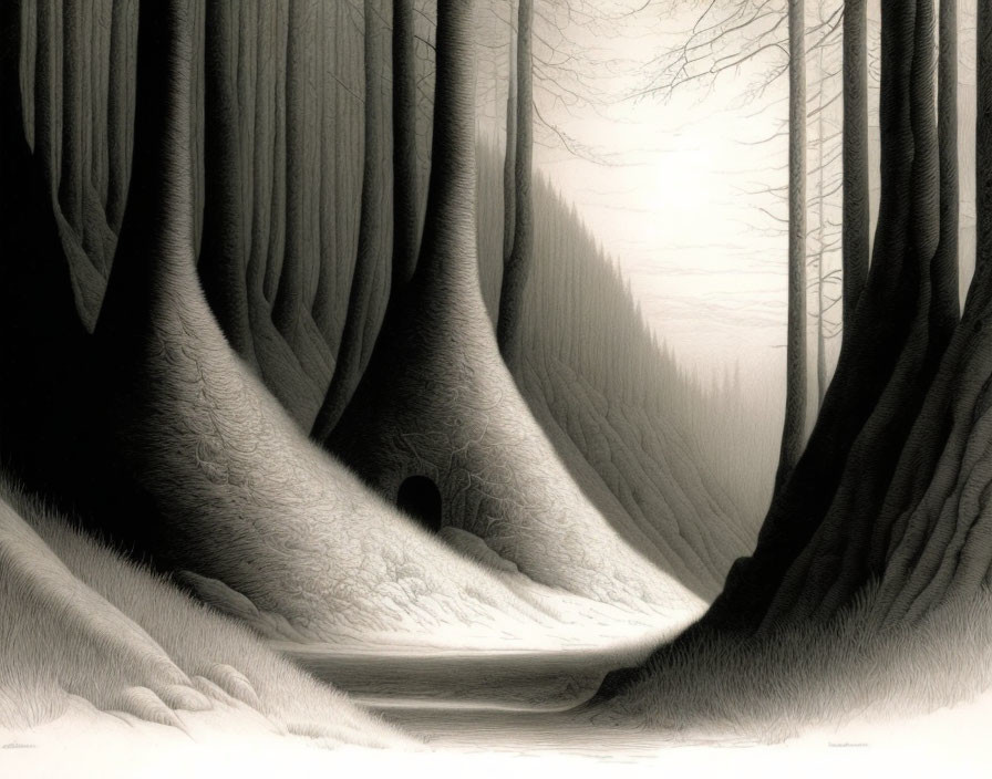 Monochromatic forest illustration with tall trees and tunnel-like opening