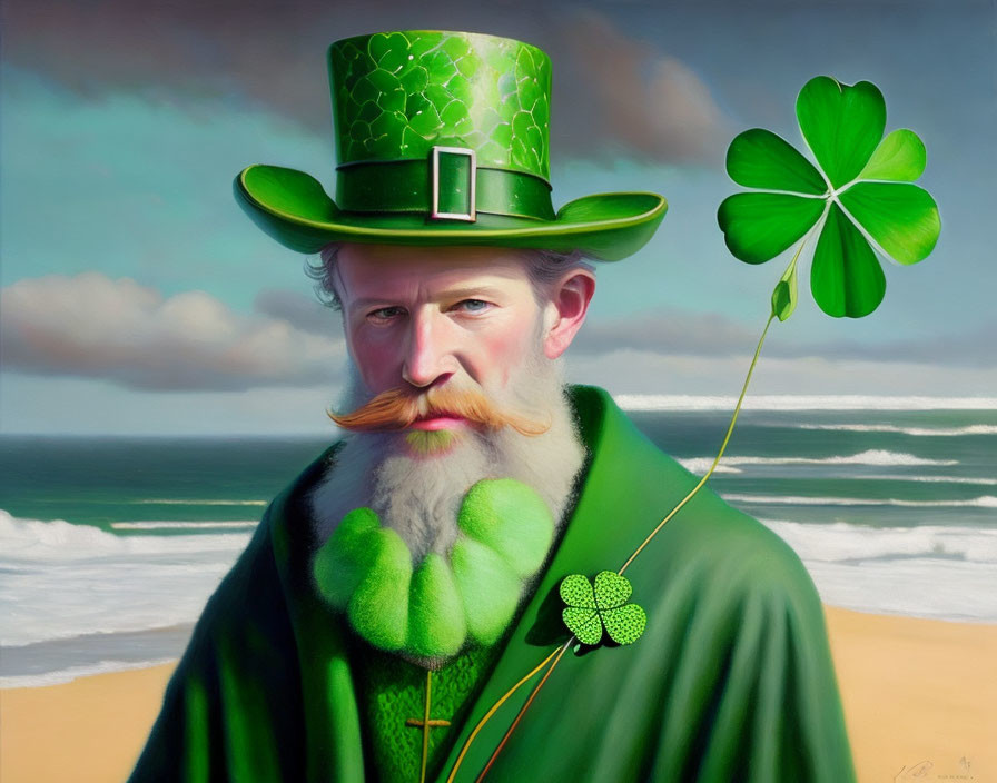 Man with Orange Mustache in Green Top Hat and Cloak Holding Clover on Beach