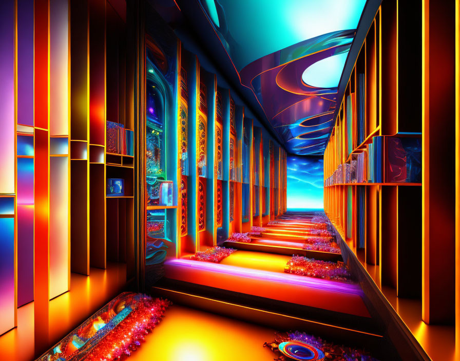 Colorful illuminated corridor with neon lights and abstract patterns