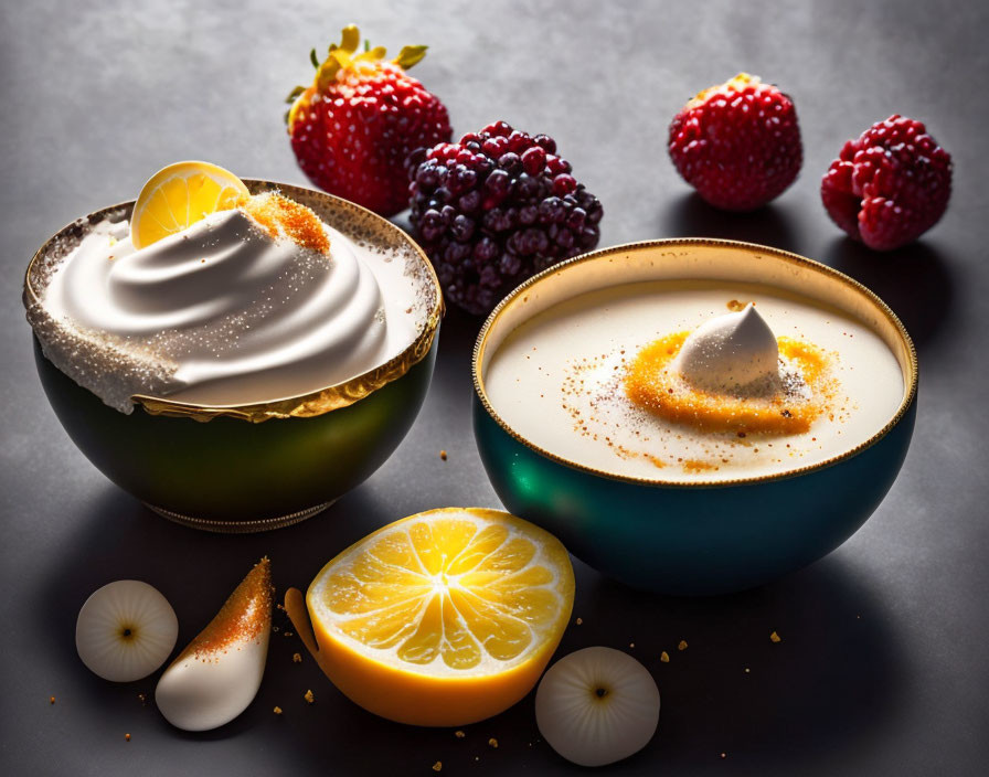 Gourmet dessert presentation with creamy dishes, citrus, and berries on dark surface