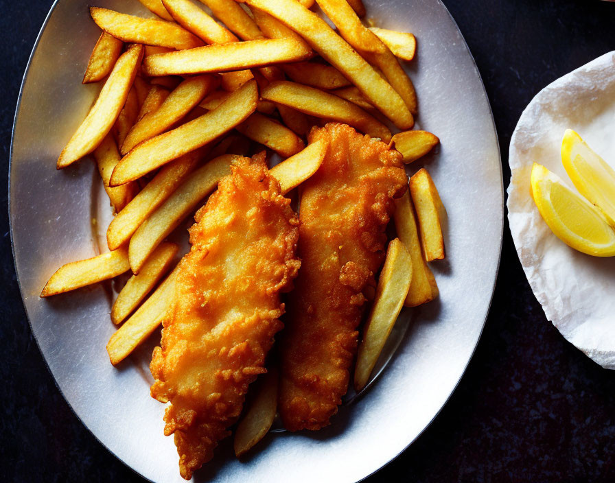 Golden-brown Fish and Chips with Lemon Wedges on Dark Surface