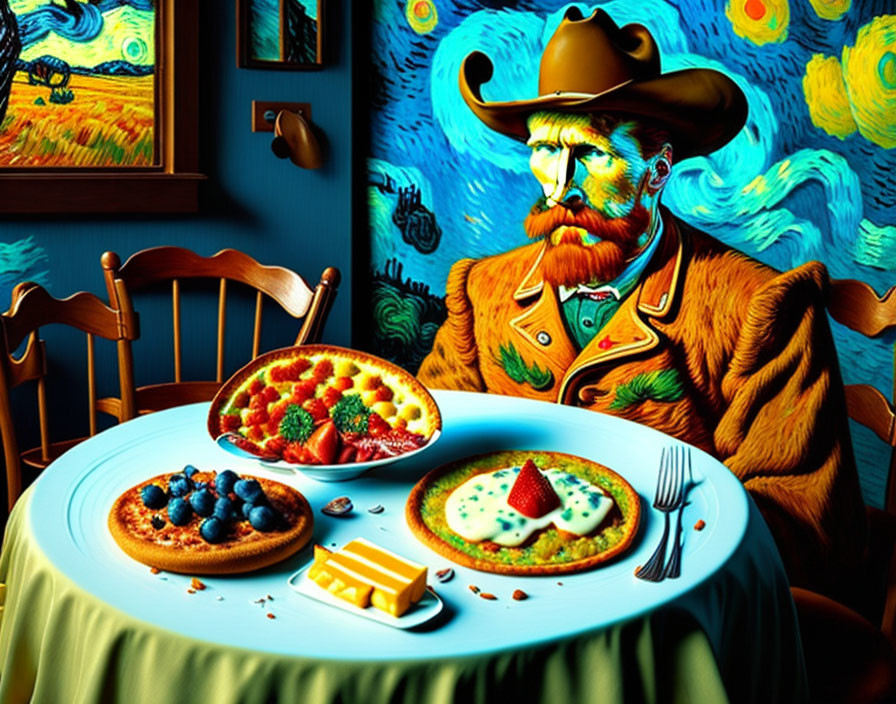 Surreal cowboy Vincent van Gogh illustration with colorful pancakes in "Starry Night" inspired room