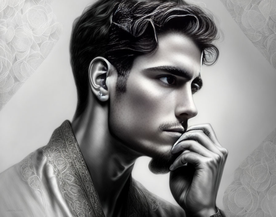 Monochromatic portrait of a pensive man with dark hair and elegant attire