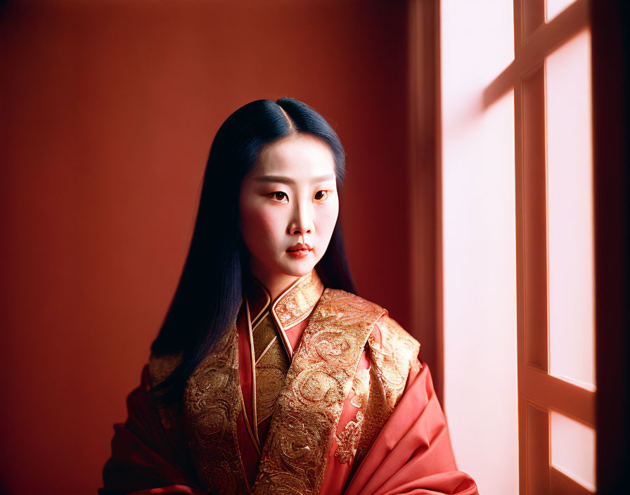 Traditional attire woman in warm light near red wall window