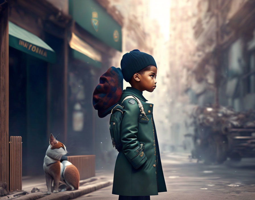 Child in Green Coat and Blue Beanie with Curious Cat on Misty City Street