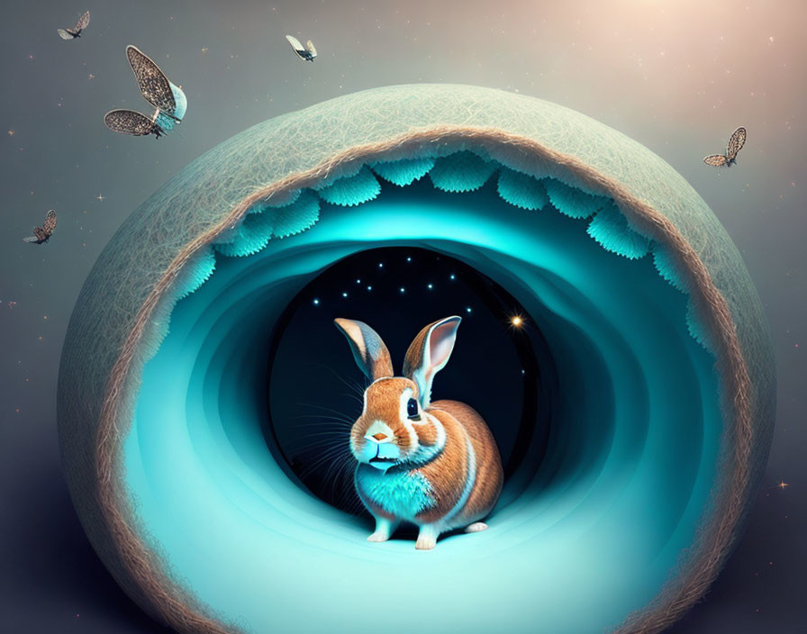 Illustration of brown rabbit in surreal blue tunnel with stars and butterflies