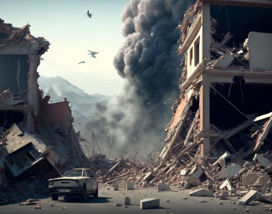 Post-apocalyptic scene with rubble, damaged building, car, smoke, and aircraft in mountainous setting