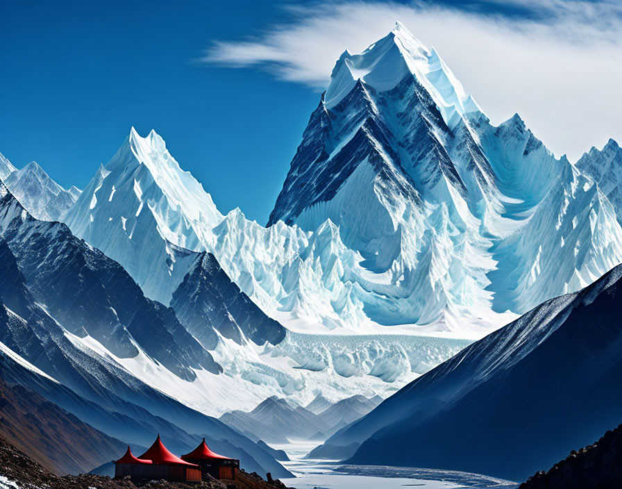 Snow-covered mountains with red-roofed building under clear blue sky