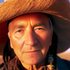 Elderly Man in Fur Hat with Intense Gaze and Weathered Skin