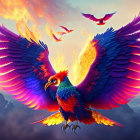 Majestic phoenix digital art with fiery blue and orange wings