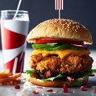 Crispy Chicken Burger with Cheese, Lettuce, Tomato, Fries, Milkshake,